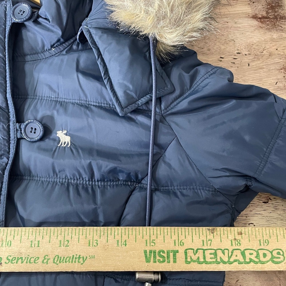 VTG Abercrombie & Fitch Cropped Jacket M Y2K Blue Faux Fur Trim Hood Down Puffer - Picture 3 of 9